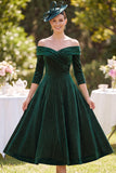 Dark Green Off the Shoulder 3/4 Sleeves A-Line Mother of the Bride Dress with Beading