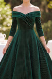 Dark Green Off the Shoulder 3/4 Sleeves A-Line Mother of the Bride Dress with Beading