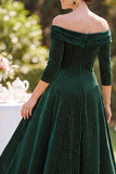 Dark Green Off the Shoulder 3/4 Sleeves A-Line Mother of the Bride Dress with Beading