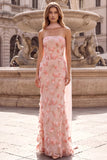 Pink Mermaid Strapless Floral Embroidery Long Prom Dress with Appliques