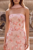 Pink Mermaid Strapless Floral Embroidery Long Prom Dress with Appliques