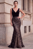 Black Mermaid V-Neck Velvet Sequins Long Prom Dress