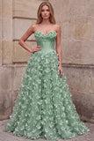 Green Corset A-Line Strapless Satin Maxi Prom Dress with 3D Flower Appliques