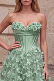 Green Corset A-Line Strapless Satin Maxi Prom Dress with 3D Flower Appliques