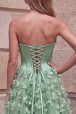 Green Corset A-Line Strapless Satin Maxi Prom Dress with 3D Flower Appliques