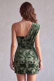 Eucalyptus One Shoulder Velvet Ruched Bodycon Short Cocktail Dress with Draping