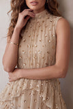 Champagne High Neck Tiered Ruffled Sleeveless Midi Cocktail Dress with Sequins