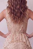 Champagne High Neck Tiered Ruffled Sleeveless Midi Cocktail Dress with Sequins