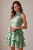 Green High Neck Tiered Ruffle A-Line Short Cocktail Dress with Fringes