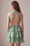 Green High Neck Tiered Ruffle A-Line Short Cocktail Dress with Fringes