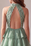 Green High Neck Tiered Ruffle A-Line Short Cocktail Dress with Fringes