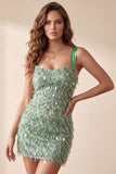 Green Bodycon Square Neck Feathered Short Cocktail Dress with Sequins