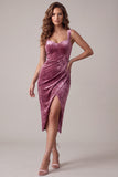 Fuchsia Bodycon Sweetheart Velvet Ruched Midi Cocktail Dress with Slit