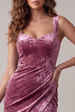 Fuchsia Bodycon Sweetheart Velvet Ruched Midi Cocktail Dress with Slit