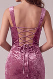 Fuchsia Bodycon Sweetheart Velvet Ruched Midi Cocktail Dress with Slit