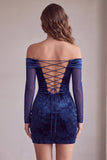 Navy Bodycon Off the Shoulder Satin Printed Long Sleeves Short Cocktail Dress
