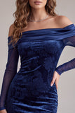Navy Bodycon Off the Shoulder Satin Printed Long Sleeves Short Cocktail Dress