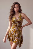 Mustard Gold Floral Printed Velvet Halter Asymmetrical High Low Short Cocktail Dress