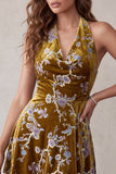 Mustard Gold Floral Printed Velvet Halter Asymmetrical High Low Short Cocktail Dress