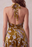 Mustard Gold Floral Printed Velvet Halter Asymmetrical High Low Short Cocktail Dress