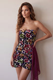 Burgundy Velvet Printed Strapless Bodycon Short Cocktail Dress with Draping