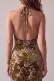 Mustard Gold Velvet Halter Asymmetrical High Low Halter Printed Short Cocktail Dress