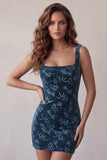 Navy Printed Bodycon Square Neck Short Cocktail Dress