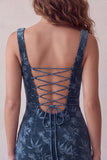 Navy Printed Bodycon Square Neck Short Cocktail Dress