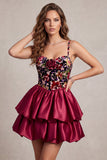 Red Corset Velvet Bubble Hem Tiered Ruffle A-Line Short Cocktail Dress with 3D Flower