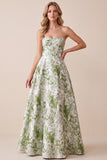 Sage Green Corset A-Line Strapless Printed Maxi Formal Dress