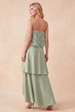 Light Green Tiered Spaghetti Straps High-Low Satin Formal Dress with Feathers