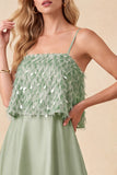 Light Green Tiered Spaghetti Straps High-Low Satin Formal Dress with Feathers