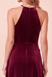 Burgundy A-Line Halter Velvet 3D Flower Long Formal Dress with Beading
