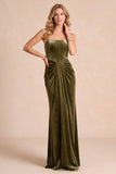 Olive Corset Velvet Sheath Strapless Ruched Maxi Formal Dress
