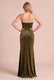 Olive Corset Velvet Sheath Strapless Ruched Maxi Formal Dress