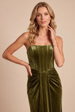 Olive Corset Velvet Sheath Strapless Ruched Maxi Formal Dress