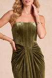 Olive Corset Velvet Sheath Strapless Ruched Maxi Formal Dress