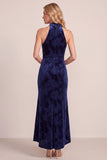 Navy Sheath Cowl Neck High Low Velvet Maxi Formal Dress with Draping