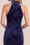 Navy Sheath Cowl Neck High Low Velvet Maxi Formal Dress with Draping