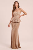 Khaki Mermaid Strapless Velvet Sequins Long Formal Dress with Appliques