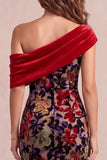 Red Mermaid Asymmetrical One Shoulder Velvet Printed Maxi Formal Dress