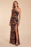 Black Sheath One Shoulder Sequins Embroidery Long Formal Dress with Slit