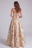 Champagne Corset A-Line Jacquard Thick Straps Maxi Formal Dress