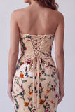 Champagne Printed Velvet Strapless Mermaid Maxi Formal Dress