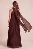 Chocolates A-Line Halter Chiffon Pleated Maxi Formal Dress with 3D Flower