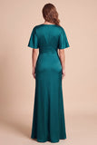 Peacock Green Sheath V-Neck Flutter Sleeves Satin Maxi Formal Dress with 3D Flower