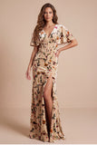 Champagne Corset Velvt V-Neck Printed Maxi Formal Dress with Side Slit