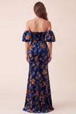 Dark Blue Velvet Corset Printed Mermaid Strapless Maxi Formal Dress with Detachable Puff Sleeves
