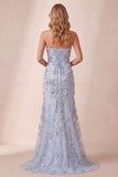 Dusty Blue Sheath Sequins Strapless Side Slit Long Formal Dress with 3D Flower