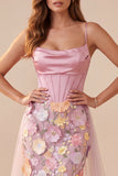 Pink Corset Mermaid Cowl Neck Floral Appliques Satin Maxi Formal Dress with Slit